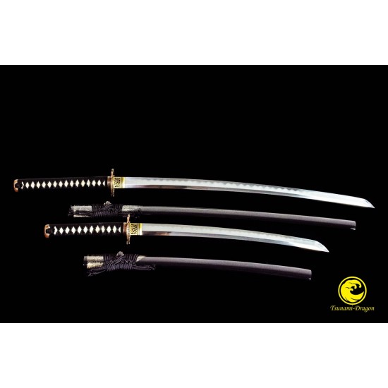 Clay Tempered T10 Folded Kobuse Steel Blade Japanese Katana Wakizashi Sword Set