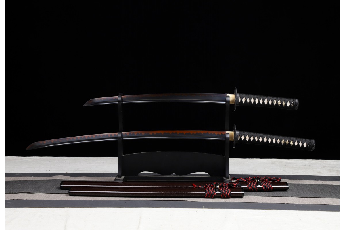Clay Tempered T10 Steel Blade Japanese Daisho Katana Wakizashi Sword Black Blade 