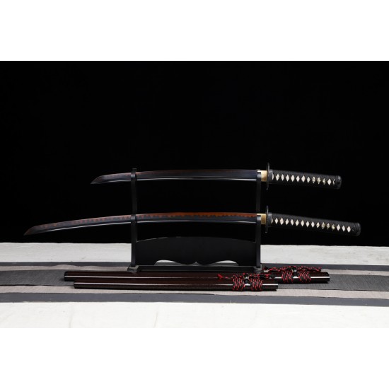 Clay Tempered T10 Steel Red Blade Japanese Daisho Katana Wakizashi Sword